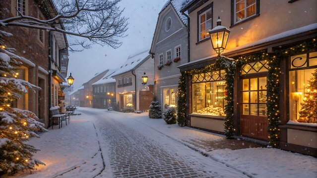 Charming winter wonderland a snowcovered street adorned with festive lights and decorations in a quaint european town, creating a magical christmas atmosphere