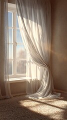 Sunlight streams through sheer curtains by a window