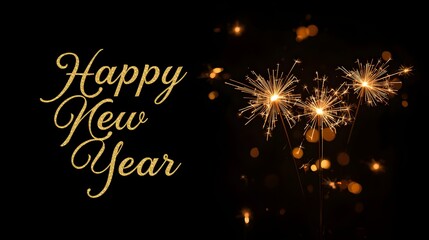Golden script text happy new year overlayed on sparkling fireworks display against a dark night sky background