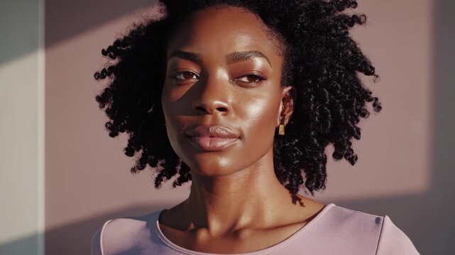 Woman gazes calmly into distance. Closeup portrait of model face and natural hair. Soft light defines cheek and jaw. Subtle expression shows quiet confidence. Beauty and authenticity in simple studio.