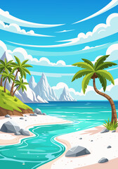Idyllic tropical beach scene with lush palm trees, clear turquoise water, and distant mountains under a blue sky. A serene summer vacation paradise in a vibrant cartoon vector style