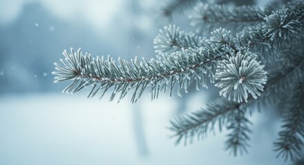 Evergreen branch needles heavily coated with crystalline frost in a wintry scene