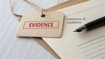 Document with evidence tag and pen symbolizes credibility and verification in legal and professional contexts