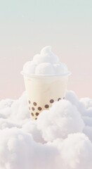 Delicious beverage with creamy topping rests upon soft, fluffy white masses against a pastel sky