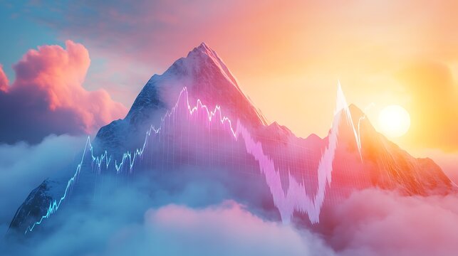 Sunlit mountain peak overlaid with a fluctuating stock-market line graph — nature meets volatile finance
