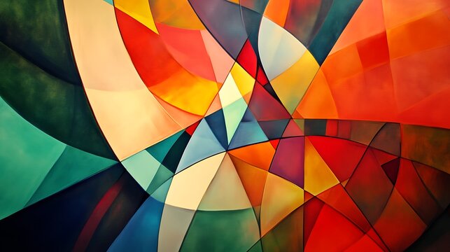 Vibrant geometric abstraction of intersecting curved and angular shapes with rich gradient color movement