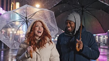 Happy couple walking in the rain under umbrellas with city lights in the background enjoying a romantic evening stroll - Powered by Adobe
