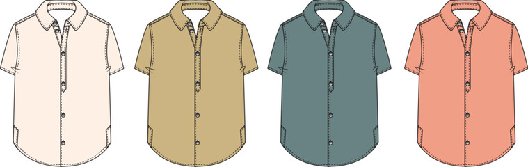 Collection of four short-sleeved collared shirts in different pastel colors laid out horizontally