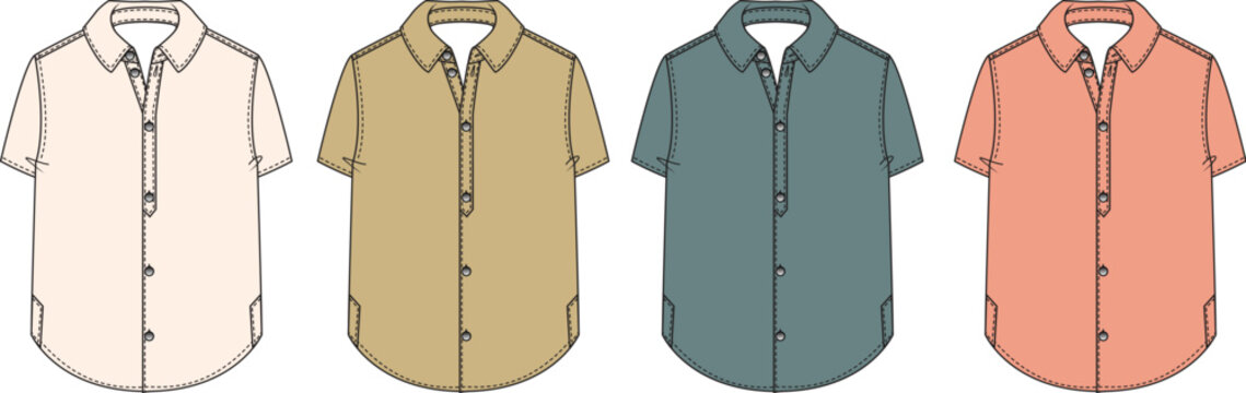 Collection of four short-sleeved collared shirts in different pastel colors laid out horizontally