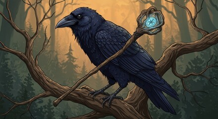 Obraz premium Majestic dark bird perched upon a gnarled branch holding an enchanted wooden staff