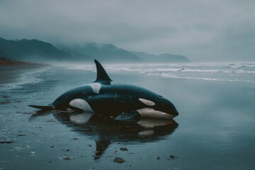 Fototapeta premium Stranded orca rests on a sandy beach as waves gently wash ashore on a cloudy day