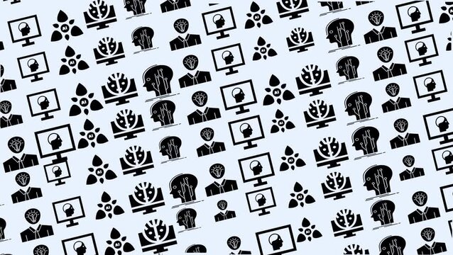 Seamless looping AI technology pattern with circuit heads, monitors, and human icons. Modern futuristic background in minimalist black style.