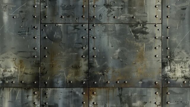 Seamless weathered metal wall with rivets and rust. Camera slowly moves up pedestal. 16:9 Organic texture loop.