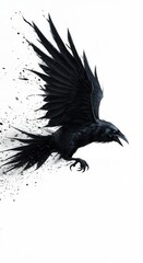 Obraz premium Dark avian creature dissolves into scattered ink splashes while midflight against a stark white background
