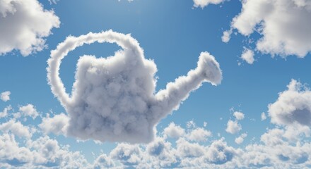 Cumulus cloud formation shaped like a watering can floats in a bright blue sky