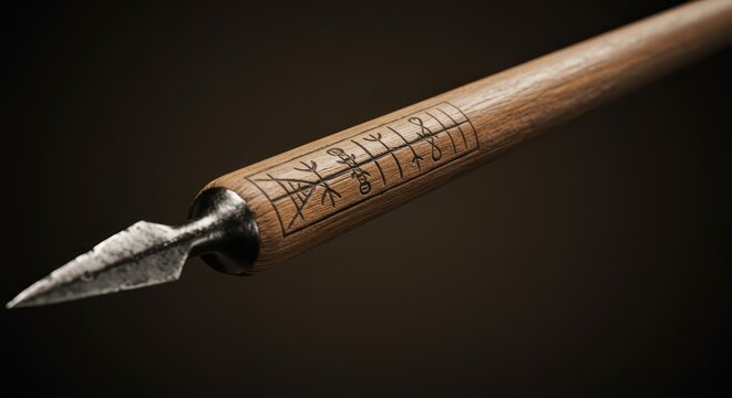 Close up view highlights ancient-style symbol engravings on the wooden shaft of a metal tipped projectile weapon