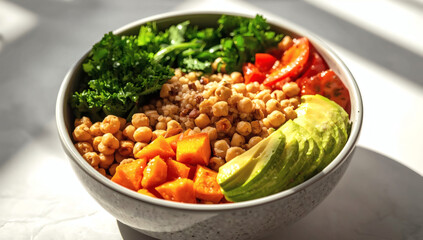 Vibrant Vegan Buddha Bowl Professional  of Healthy Plant-Based Meal with Chickpeas, Quinoa, Avocado & Fresh Vegetables for Clean Eating Concept