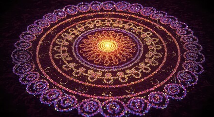 Glowing, intricately detailed circular design shimmers with vibrant light on a dark surface