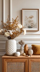 Cozy home decor with dried flowers and artwork
