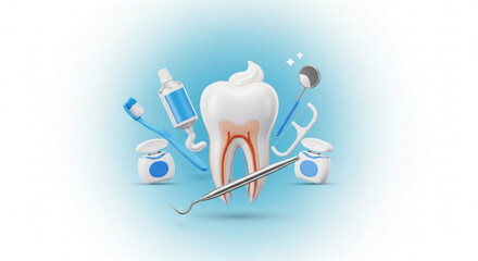 Dental care products and tooth model for healthy teeth and gums oral hygiene and regular dentist visits