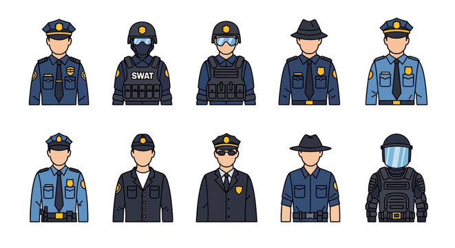 Diverse Collection of Police Officer Avatars in Uniform.