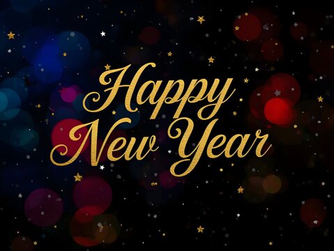 Elegant golden glittering text happy new year against a dark bokeh background with falling snowflakes - Powered by Adobe