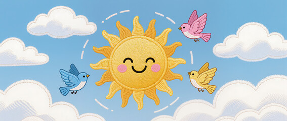 Embroidered smiling sun with colorful bird friends flying in cute blue sky with puffy cloud background
