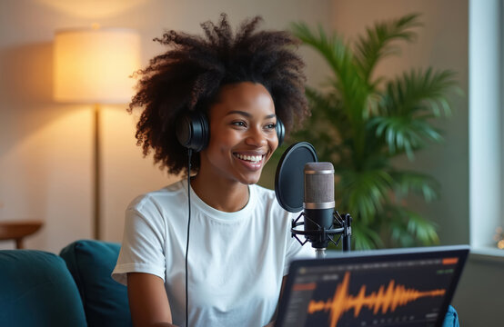 Smiling girl records podcast using microphone at home. Black woman with headphones talks into mic. Content creator streams video online. Podcaster hosts broadcast from sofa with laptop on table.