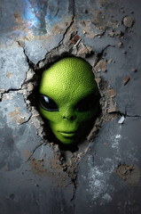 Hyper-Realistic Alien Encounter Scaly Green Extraterrestrial Face Breaking Through Cracked Wall, Sci-Fi