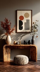 Modern abstract art above a rustic wooden console table