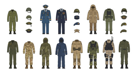Military Uniforms Diverse Styles and Camouflage Patterns.