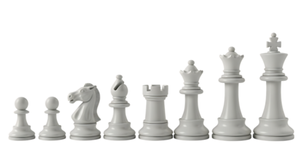 A line of white chess pieces arranged by size on transparent background