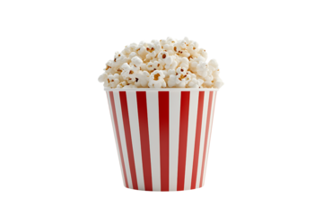 A classic red and white striped movie theater bucket filled with freshly popped, fluffy white buttered popcorn, isolated on transparent background