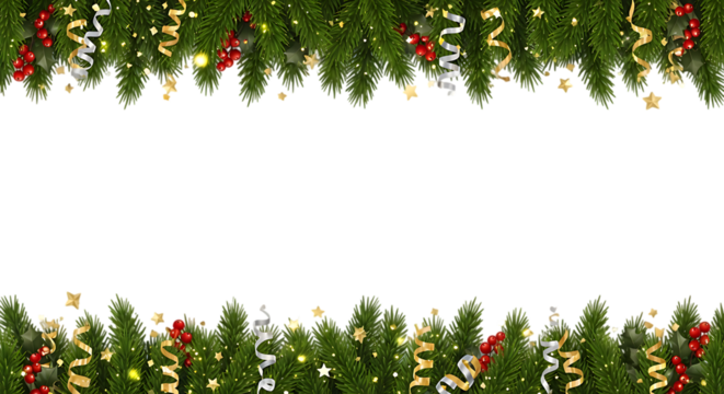 Festive christmas garland with berries stars and ribbons on transparent background