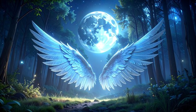A luminous full moon glows between spectral blue wings in a mystical forest. The moon illuminates the path - Powered by Adobe