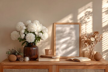 Warm sunlight illuminates a decorative shelf with flowers and art