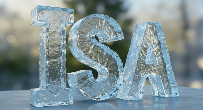 Three dimensional capital letters formed from clear, textured ice material sit on a cool surface