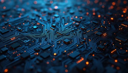 Closeup on tech circuit board with intricate blue lines. Modern electric design for background use. Perfect for science tech digital innovation themes. Futuristic backdrop shows microchips hardware.