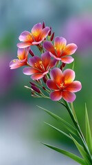 Fototapeta premium Macro Photo of Vibrant Pink and Yellow Tropical Flowers with Green Stems and Leaves Bathed in Soft Natural Light Against a Blurred Background