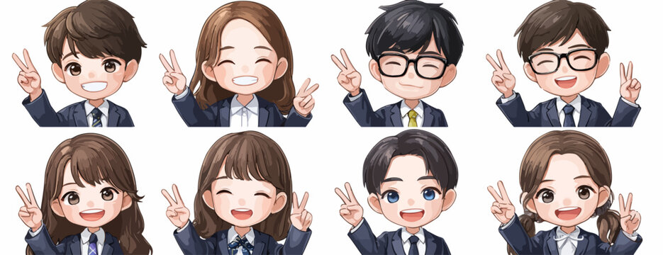 Ensemble de huit illustrations vectorielles de jeunes professionnels souriants faisant le signe de la paix.