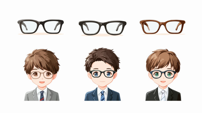 Trois portraits d'hommes en costume avec des lunettes, style dessin anim&eacute;, vecteur