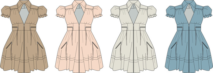 Four Stylish Dress Designs in Various Pastel Colors, Perfect for Fashion Illustrations and Apparel Design