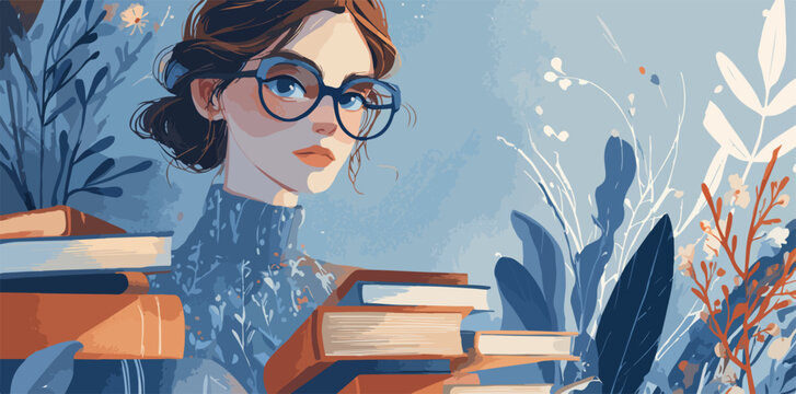 Portrait vectoriel stylis&eacute; d'une jeune femme aux lunettes, entour&eacute;e de livres et de plantes bleues.