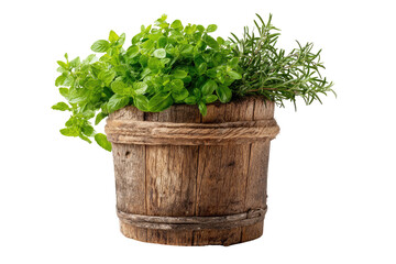 Fresh herbs in weathered wooden barrel