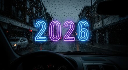 Futuristic glowing 2026 numbers illuminate a dark background with abstract wavy energy lines