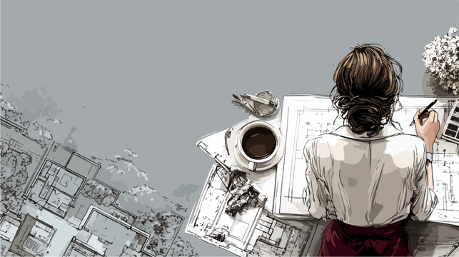 Une femme architecte concentr&eacute;e travaille m&eacute;ticuleusement sur des plans de construction, illustrant la cr&eacute;ativit&eacute; et la planification professionnelle.