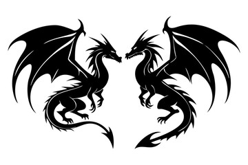 Fantasy Dragon Silhouettes Collection. Mythical Creatures, Flying Dragons, Fantasy Illustration Set.