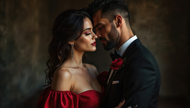 Stylish couple close in intimate embrace in dark tones. Man wears black suit woman in red dress. Romantic moment together. Connection passion love fashion elegance.