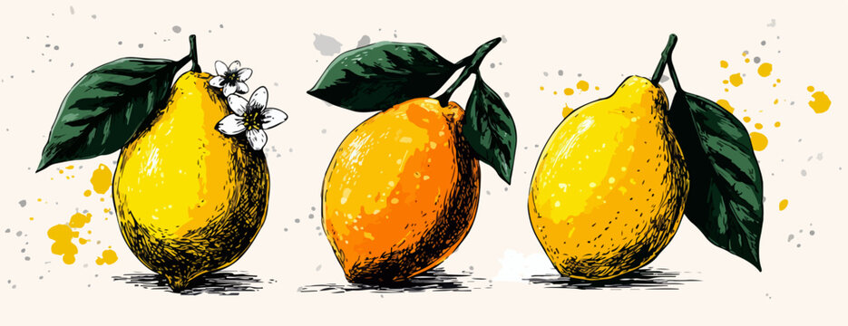 Trois citrons jaunes dessin&eacute;s &agrave; la main avec des feuilles vertes et des &eacute;claboussures de peinture.