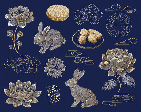 Vecteur de motifs traditionnels chinois avec lapins, fleurs et g&acirc;teaux de lune sur fond bleu nuit.